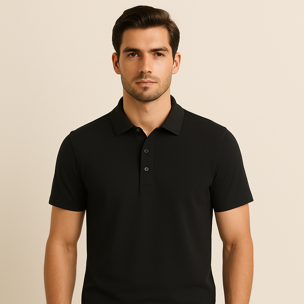 Man wearing a black polo shirt against a beige background
