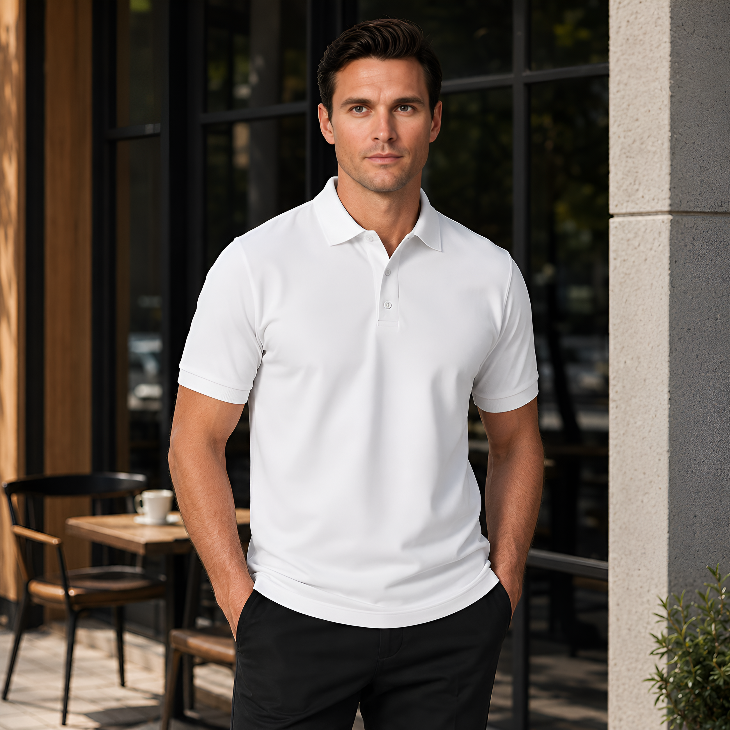 A man wearing a white short-sleeve polo shirt and black pants, standing in front of a modern building with large black-framed windows and outdoor seating.